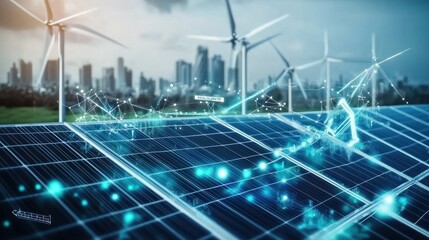 Wall Mural - renewable energy technology background, combining solar panels, wind turbines, and energy data strea