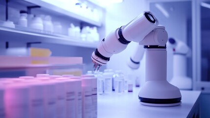 Poster - Robotic arms for pharmaceutical production, featuring precision-controlled robotic systems ensuring safe and accurate production, packaging, 