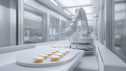 Poster - robotic arms for pharmaceutical production, featuring precision-controlled robotic systems ensuring 