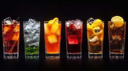 A glass filled with orange juice on a black background.