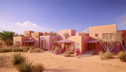 Cute New Mexico neighborhood Abstract 3D design. Adobe house. Sunny desert.