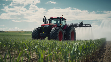 A modern tractor with large tires moves across a sprawling cornfield, spraying water or nutrients over the tall green corn stalks.