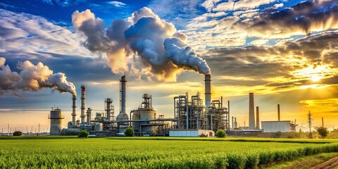 Wall Mural - Industrial Complex Silhouetted Against a Dramatic Sunset Sky, Smoke Plumes Rising from Tall Stacks, Creating a Striking Contrast Against the Lush Green Field