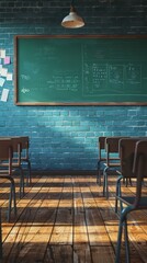 Canvas Print - Empty classroom with desks and chairs. AI.