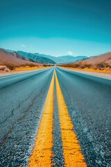 Wall Mural - A long, straight road with double yellow lines leading through a desert landscape. AI.