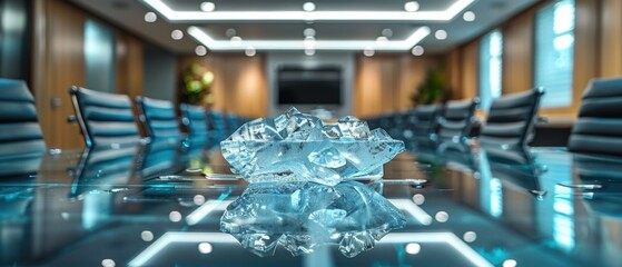 Canvas Print - Ice cubes on a glass table in a conference room. AI.