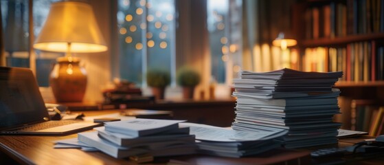 Poster - A desk with a laptop, stacks of papers, and a lamp. AI.