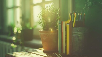 Canvas Print - A small plant sits next to a stack of books and pencils in a rustic setting. AI.