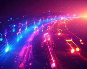 Canvas Print - Music notes glow brightly in a vibrant abstract background. AI.