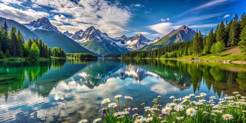 Wall Mural - A Serene Mountain Lake Reflecting the Blue Sky and Fluffy Clouds with Daisies in the Foreground