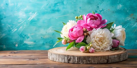 Wall Mural - A Delicate Bouquet of White and Pink Flowers Resting on a Rustic Wooden Slab Against a Soft Blue Background