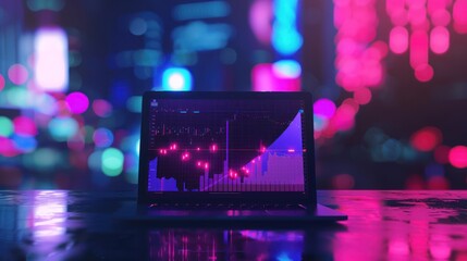 Poster - Laptop with Financial Charts in a Neon City