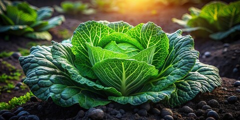 Wall Mural - A Single Cabbage Head Stands Proudly in the Evening Sun, Its Veined Leaves Unfolding Like a Green Embrace