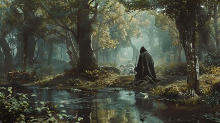 Poster - Enchanted Forest Landscape with Mysterious Figure