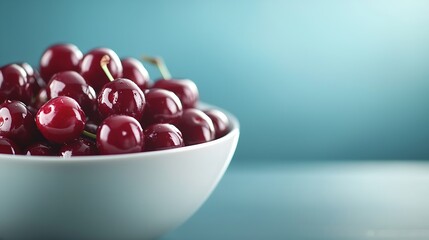 Aufkleber - Fresh ripe black cherries in a white bowl on a blue background copy space : Generative AI