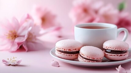 Wall Mural - Macaroons dessert and cup of tea on pink background Flat lay composition Top view Copy space : Generative AI