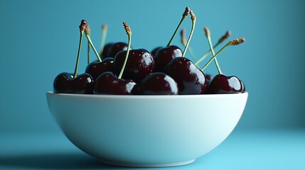 Aufkleber - Fresh ripe black cherries in a white bowl on a blue background copy space : Generative AI