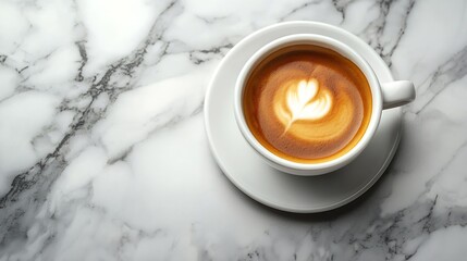Poster - Coffee espresso in white cup of marble table background Close up Top view : Generative AI