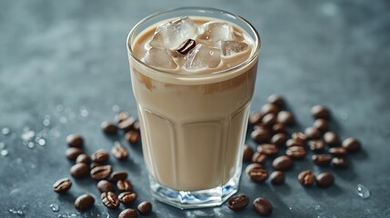 Aufkleber - Ice coffee in a tall glass and coffee beans on a grey stone background : Generative AI