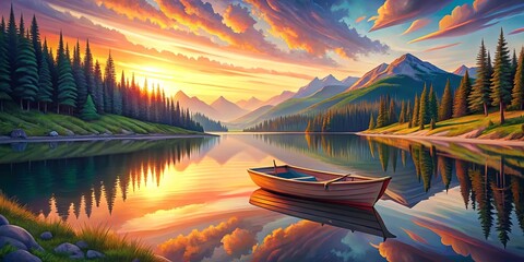 Sticker - Serene Sunset Reflections on a Still Lake with a Lone Rowboat Anchored Amidst Evergreen Trees and Majestic Mountains