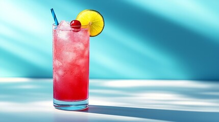 Aufkleber - Cherry Limeade lemonade cola cocktail in a tall glass on a white turquoise background : Generative AI