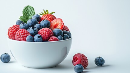 Poster - Fresh berries blueberry strawberry raspberry in a white ceramic bowl Isolated on white : Generative AI