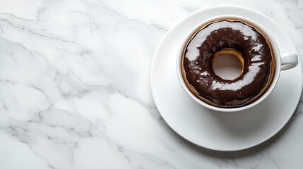 Poster - Coffee in a white cup with chcolate donut on marble board Top view Copy space : Generative AI