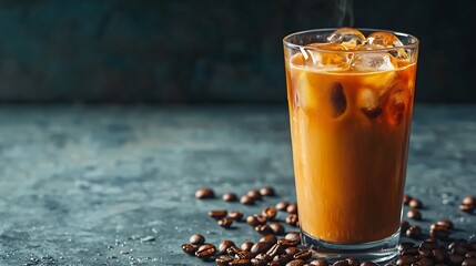 Aufkleber - Ice coffee in a tall glass and coffee beans on a grey stone background : Generative AI
