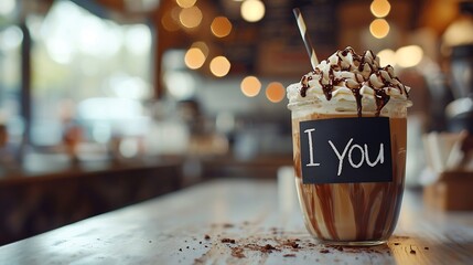 Aufkleber - Iced cold coffee frapuccino with whipped cream and chocolate syrup in jar with chalkboard I Love You on a white table : Generative AI