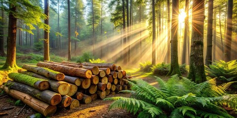 Poster - Golden Light Piercing Through a Dense Forest, Illuminating a Pile of Logs Nestled Among Lush Ferns