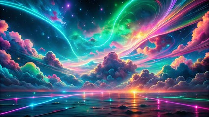 Canvas Print - Celestial Symphony of Colors A Vibrant Landscape of Swirling Light and Ethereal Clouds, Reflecting on a Serene Ocean