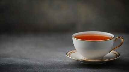 Poster - Tea in white cup with gold rim Grey background Copy space : Generative AI