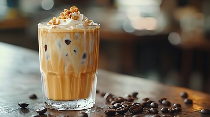 Aufkleber - Ice coffee with condensed milk traditional Vietnamese Thai coffee with coffee beans on a wooden background : Generative AI