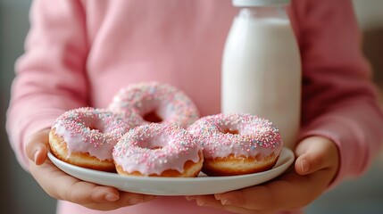 Poster - Kids hands holding a plate with donuts and bottle of milk Marble background Close up Top view : Generative AI