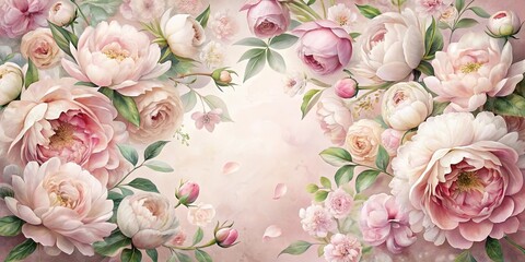 Poster - A Delicate Tapestry of Pink and White Blooms with Delicate Foliage, Gracefully Cascading Around a Soft, Blushing Background