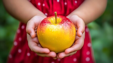 Red organic apple in little girls hands Summer garden background : Generative AI