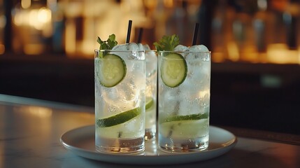 Aufkleber - Lime cucumber parsley cocktail lemonade detox water with ice cubes in a glasses on a white plate : Generative AI