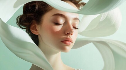 Soft Minimalist Female Model Portrait - Beautiful Ad Design with Flowing Fabric