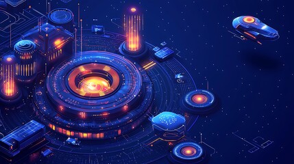 Futuristic Cityscape with Spaceship and Neon Lights