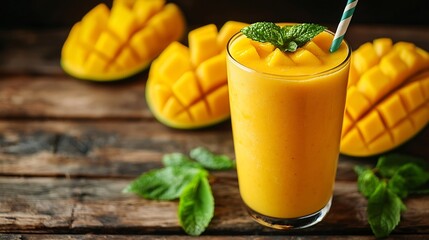 Poster - Mango juice smoothie and mango fruit on a wooden background : Generative AI