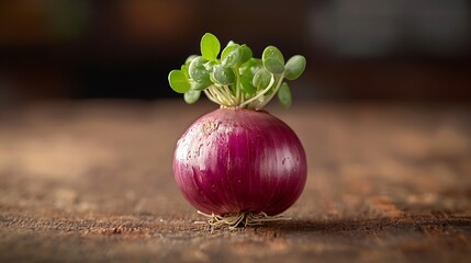 Poster - Red onion with fresh green sprouts on wooden background : Generative AI