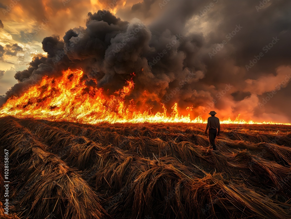 Farmers are burning rice straw in the fields after harvesting to ...