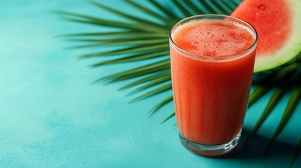 Aufkleber - Watermelon smoothie fresh juice on blue background with palm leaf Top view : Generative AI