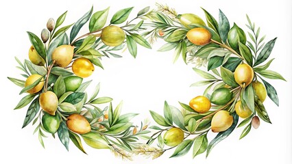 Sticker - A Circular Arrangement of Lush Green Foliage and Ripe Citrus Fruits, Forming a Natural Frame