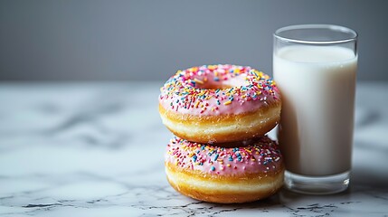 Poster - Donuts with glass of milk on marble table Grey background Copy space : Generative AI