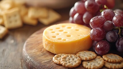 Poster - Assortment of cheese crackers grapes Snack for wine Marble cutting board Wooden background Close up : Generative AI