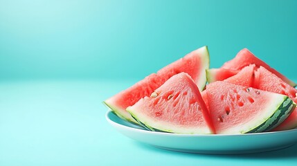 Poster - Watermelon slices on a white plate Blue background Top view Copy space : Generative AI