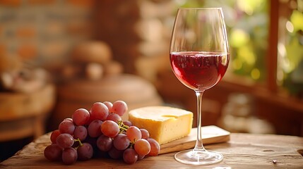 Poster - Glass of red wine with fresh grape and cheese on wooden table : Generative AI