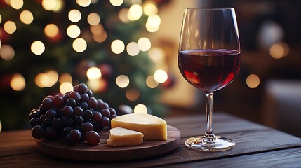 Poster - Glass of red wine with fresh grape and cheese on wooden table Copy space : Generative AI