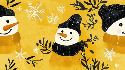 Wall Mural - Three cheerful snowmen in black hats and scarves, surrounded by snowflakes and greenery against a bright yellow background.